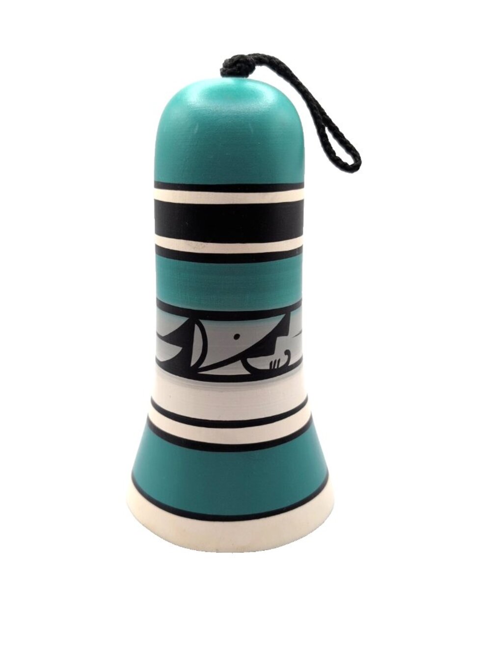 Vintage Navajo Pottery Bell Signed Southwest Teal/White/Black VG 1 xClapper Chip